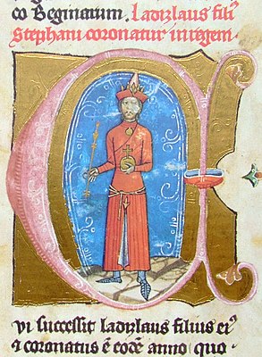 Chronicon Pictum, Hungarian, Hungary, King Ladislaus IV, Cuman, Cuman hat, red Cuman dress, orb, scepter, medieval, chronicle, book, illumination, illustration, history