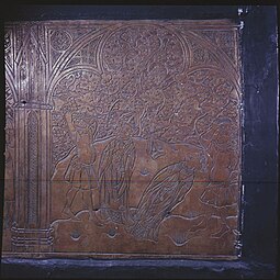 Decorative panel of Lalli slaying Henry and wearing his mitre from Nousiainen church, c. 1420