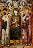Icon of the enthroned Virgin and Child with saints and angels, 6th century
