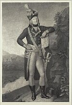 Black and white print of a man in a military uniform standing full length with a map in his left hand and a sword at his belt. He wears a dark coat, light-colored breeches, and a bicorne hat.