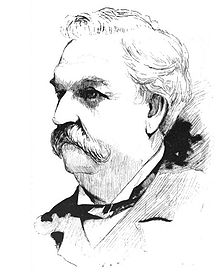 An engraving of a fleshy man in his mid-50s portrayed from the collar up, the man shown having white hair, white bushy eyebrows and a large white moustache, wearing a tuxedo collar, bowtie and jacket, looking to the left