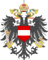 Kleines Wappen der österreichischen Länder ab 1915: der Bindenschild auf der Brust des Doppeladlers, mit Rudolfskrone und Zepter (Reichskleinodien) – Cisleithanien
