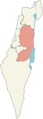 Map of Israel and the Golan Heights, with the Judea and Samaria Area (Israeli-occupied West Bank excluding East Jerusalem) highlighted in peach