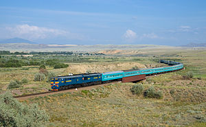 KTZ train near Aynabulak, Kazakhstan