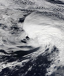 Satellite image of Michael as a hurricane-force extratropical cyclone on October 13