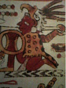 A Mixtec warrior wearing a jaguar skin and a helmet in the shape of a bald eagle's head. Codex Selden, p. 17.