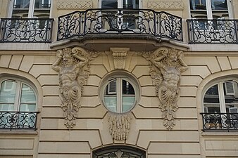 Thai inspiration - Monumental corbels of a Société financière française et coloniale headquarter (Rue des Mathurins no. 53), Paris, unknown architect, c.1910