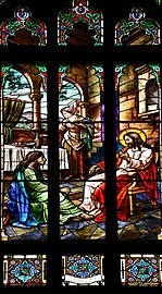 Jesus in the house of Martha and Mary on stained glass windows