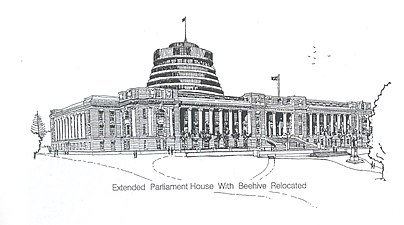 Illustration of proposal to move the Beehive behind Parliament House in 1997
