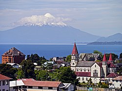 View of Puerto Varas with Osorno Volcano and Llanquihue Lake in the background.