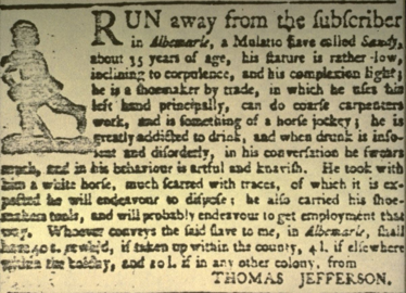 Thomas Jefferson and slavery: "Run away from the subscriber..." (Virginia Gazette, 1769)