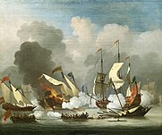 A seafight between oared ships and a sailed ship