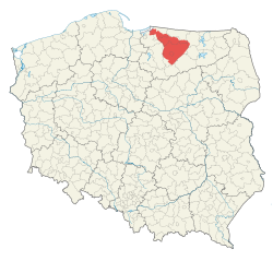 Location of Warmia (shown in red) on the map of Poland