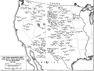 A black and white map of the Western United States showing fort, battle and tribe locations from 1860 to 1890.