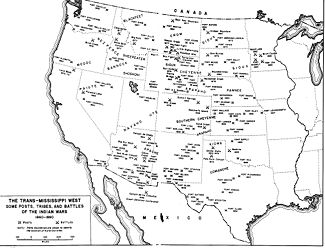 A black and white map of the Western United States showing fort, battle and tribe locations from 1860-1890.