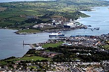 Aerial view of Islandmagee, showing Ballylumford power station and the nearby Ballycronan More convertor station