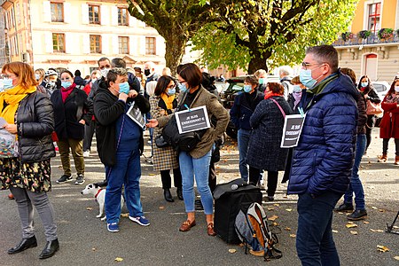 Gathering at the Place de la République, in Belfort, paying tribute to Paty