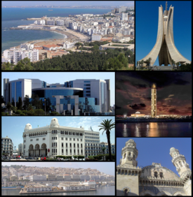Clockwise, top left: Coast of Algiers, Maqam Echahid (Martyrs' Memorial), Grande Mosquée d'Alger, Ketchaoua Mosque, Kasbah of Algiers, Algiers Central Post Office, Ministry of Finance building