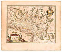 Map of Silesia by Martin Helwig, native of Nysa, published in 1645 in Atlas novus of Willem and Joan Blaeu. The Duchy of Nysa (here depicted as DVCATUS GROTKAVIENSIS) extends to Jeseník (Freiwaldau) in the south and Osoblaha (Hotzenplotz) in the east.