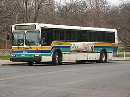 A CT Transit Express bus serving Route 2 (now 902) in 2007. The bus uses CT Transit's blue, green, white, and yellow color scheme from that time.