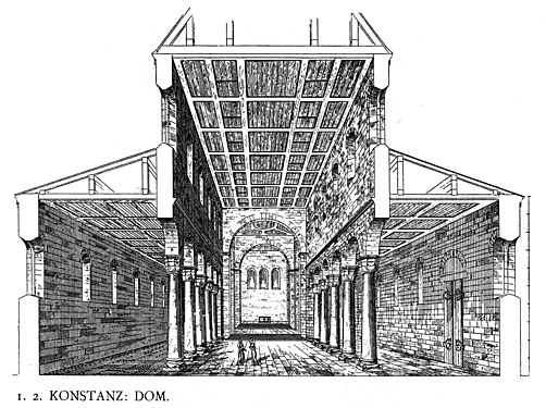 This drawing is a reconstruction by Dehio of the appearance of the Romanesque Konstanz Cathedral before its alterations in the Gothic style. It has a typical elevation of nave and aisles with wooden panelled ceilings and an apsidal east end.