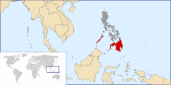 Map showing the claimed areas of the proposed republic in red. Rest of the territory of the Philippines highlighted in gray