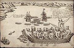 The first European impression of Māori, at Murderers' Bay. Drawing by Isaack Gilsemans in Abel Tasman's travel journal (1642).[62]