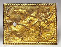 Gold belt buckle in Scythian style, from Xigoupan M2 (4th–3rd c. BCE)