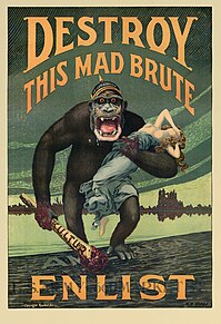 Propaganda poster shows a terrifying gorilla with a helmet labeled "militarism" holding a bloody club labeled "kultur" and a half-naked woman as he stomps onto the shore of America.