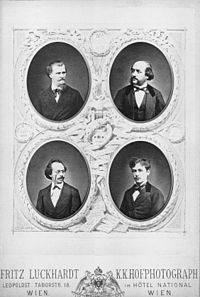 Hellmesberger-Quartett ca. 1872: Heinrich Röver, Joseph Hellmesberger Sr., Sigismund Bachrich, Joseph Hellmesberger Jr.