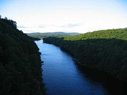 The Connecticut River looking north in the early evening, from the French King Bridge at the Erving–Gill town line