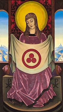 Painting of a sitting woman hit a halo holding the banner of peace with her hands.