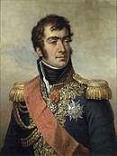 Painting of a man with dark hair, eyebrows and sideburns. He wears a dark blue military uniform with epaulettes, a high collar, many decorations and a red sash across his shoulder.