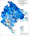 Percent of Serbian language in Montenegro by settlements, 2011