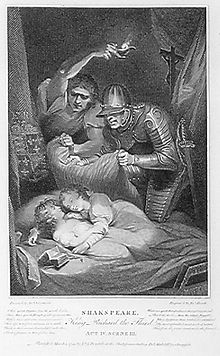 Two young boys with curls sleeping together as an armed man prepares to smother them and another holds a light assisting him.