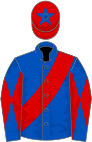 Royal blue, red sash, diabolo on sleeves, red cap, royal blue star