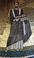Pope Honorius I (died 638), mosaic in Sant'Agnese fuori le Mura in Rome, carrying a model of the church he built.