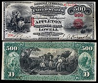 $500 National Bank Note, Original Series, Fr.464, vignette depicting Civilization; Sirius arriving in New York (obv); Surrender of General Burgoyne (rev).