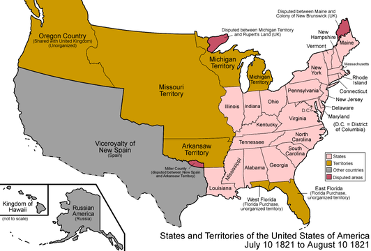 Map of the United States after the Adams–Onís Treaty took effect on February 22, 1821