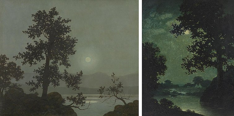 Left: Twilight (c. 1919–1923, private collection), one of Harry Watrous' nocturnes that pays posthumous homage. Right: Blakelock's Moonlight (c. 1888, Yale University Art Gallery).