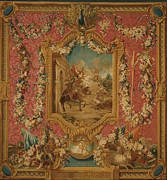 Louis XVI flower festoons on a tapestry showing Don Quixote guided by folly, by the Gobelins Manufactory, 1780-1783, wool and silk, woven on a low-warp loom, Philadelphia Museum of Art, US