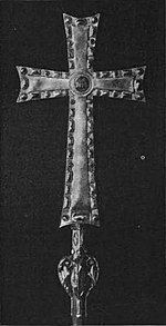 Black and white photograph of a processional cross