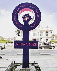 A symbol of Venus with a closed fist raised in the center. It has inscribed the phrases "In Mexico, 9 women are murdered every day" and "not a single one more!" in Spanish.
