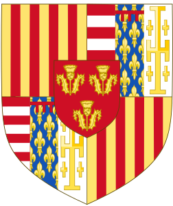 Coat of Arms of the Dukes of Montalto, now known as Dukes of Montalto de Aragón to avoid clashing with a Dukedom of the same name renovated by Spanish people at the ends of the 19th century. This Montalto is a remembrance of Montalto Uffugo, 39° 24′ 0″ N, 16° 9′ 0″ E, Cosenza, Calabria, Italy, formerly in the Hispanic kingdom of Naples.In the center, coat of arms of the Cardona family, by the sides, red and yellow bars of the kingdom of Aragon and Catalonia from his grandfather king Alfonso V of Aragon, (1395 - 1458), king of Sardinia, king of Naples, king of Sicily as well. The five crosses represents their Brienne claim to the Kingdom of Jerusalem. The bluish "fleur de lys" COA with the crennelling represents their descent of the Anjou, a cadet branch of the Capetian kings of France. The red horizontal bands within the silvery background is related to the medieval Kingdom of Hungary