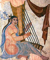 Mosaic from Bishapur of a musician playing an angular harp