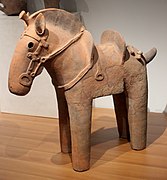 Haniwa horse statuette, complete with saddle and stirrups, 6th century, Kofun period, Japan.