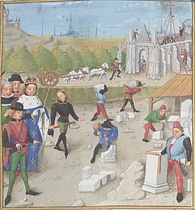 Dagobert I visiting the construction site of the Abbey of St. Denis (painted 1473)