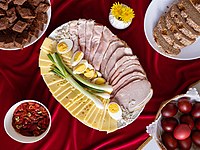 Easter breakfast made of ham, Easter eggs, cheese, cakes is common cuisine in the Balkan