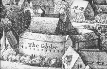 hand drawn view of buildings including a circular one with another building within