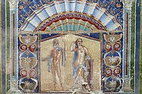 A Roman mosaic on a wall in the House of Neptune and Amphitrite, Herculaneum, Italy